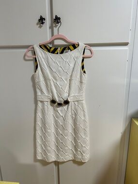Milly Vintage Cream Textured Sleeveless Sheath Dress with Decorative Belt